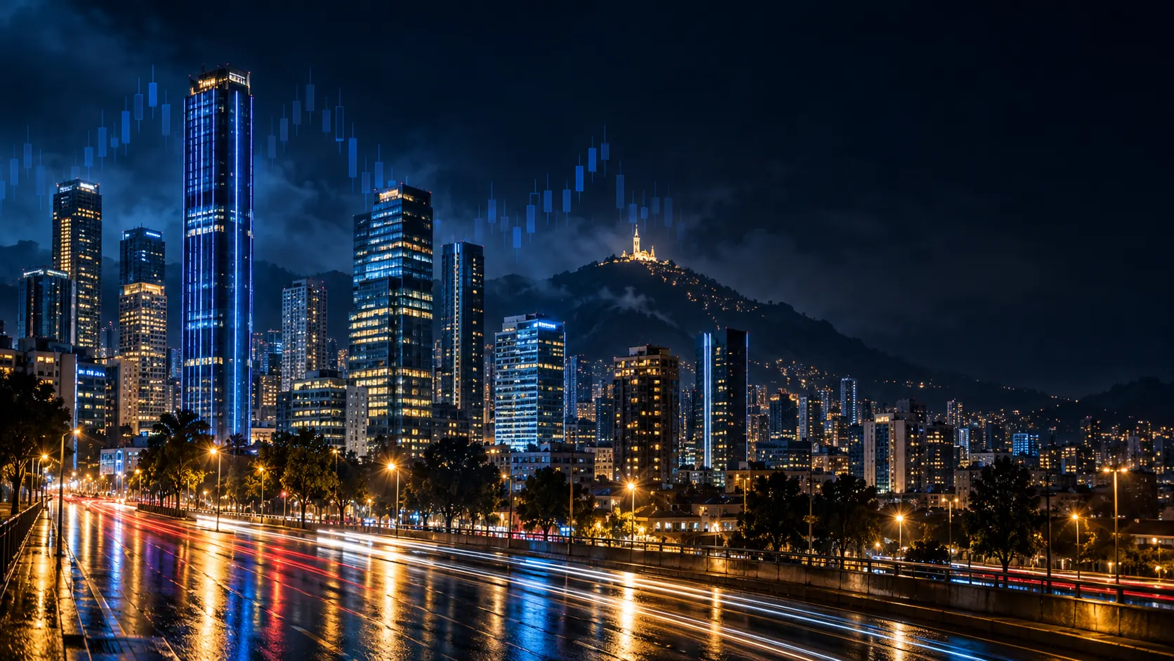 Rascacielos de Bogotá con el cerro de Monserrate al fondo, de noche